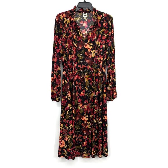 Anne Klein Dress Floral Print Black Long Sleeve Tied V Neck Midi - Picture 1 of 12